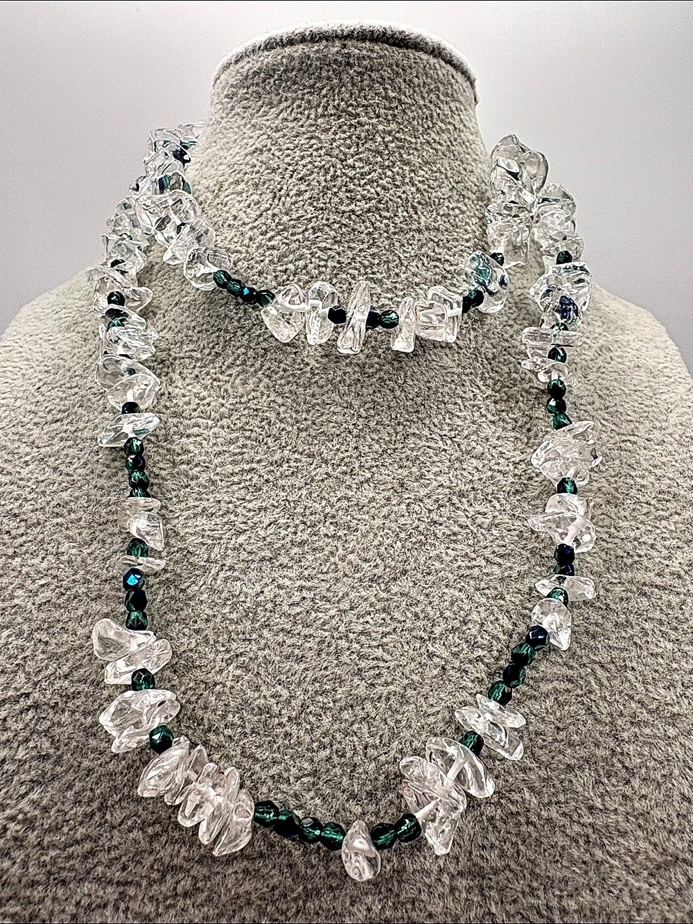 Natural Clear Quartz & Teal Green Chip Bead Necklace 25”